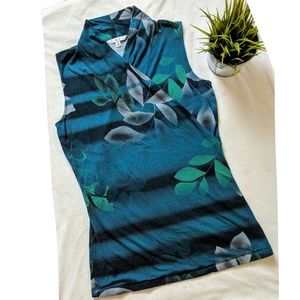 CABI Criss Cross Sleeveless V Neck Leaf Print Top